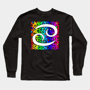 Cancer Zodiac Horoscope Rainbow Leopard Print Square Monogram Long Sleeve T-Shirt